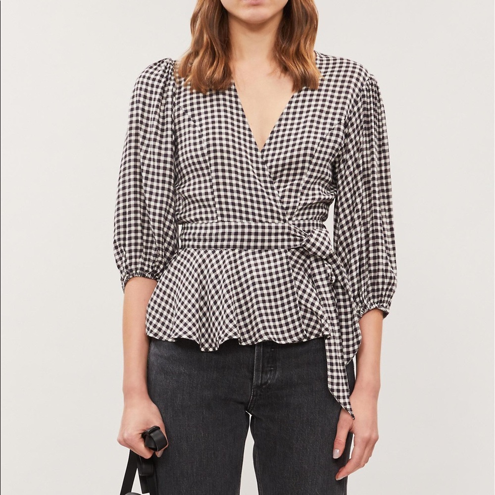 NWT Ganni Puff Sleeve Gingham Wrap Top